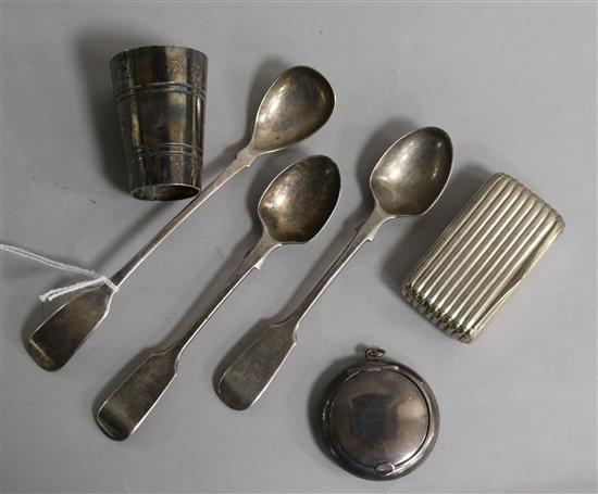 Two silver spoons, a silver vesta case, a silver pill box and two other items.